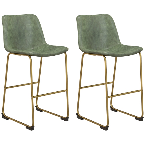 HOMCOM  Bar Height Bar Stools Set Of 2, Vintage Pu Leather Bar Chairs, Kitchen Stools With Footrest for Home Bar, Dark & Gold Leg In Green