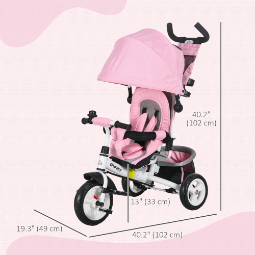 Qaba 6 in 1 Toddler Tricycle, Kids Trike with Foldable Canopy, Removable Parent-Push Handle and Cover, Storage Basket, 5-Point Safety Belt, for Child