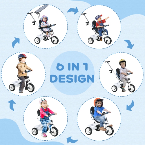 Qaba Kids Tricycle, 6 in 1 Push Bike Stroller with Removable Handlebar, Safety Fence and 5-Point Harness, Canopy, Storage Basket, for Toddler 12-60