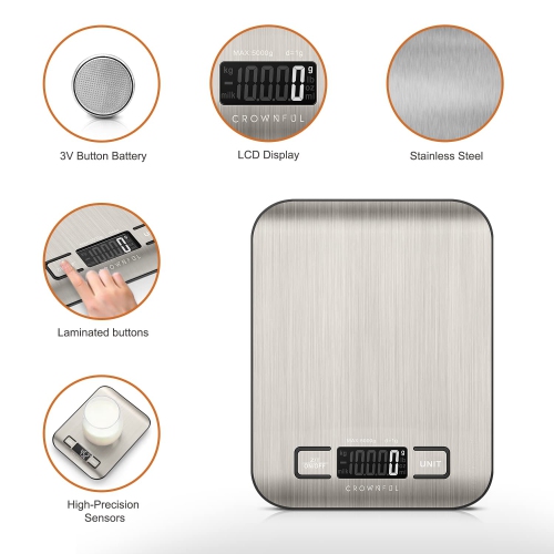 CROWNFUL Food Scale, 11lb Digital Kitchen Scales with Built-in Coin Battery, Weight Ounces and Grams with Tare Function