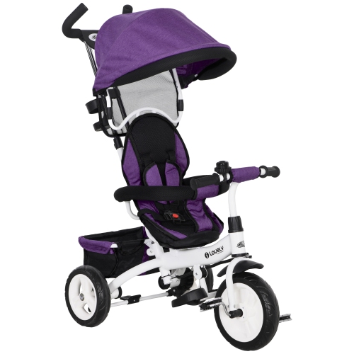 Qaba Toddler Tricycle, 6 in 1 Baby Bike Stroller with Foldable Canopy, Storage Basket, 5-point Safety Harness, Kids Trike for 1-5 Years Old, Purple