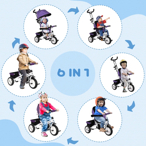 Qaba Toddler Tricycle, 6 in 1 Baby Bike Stroller with Foldable Canopy, Storage Basket, 5-point Safety Harness, Kids Trike for 1-5 Years Old, Purple