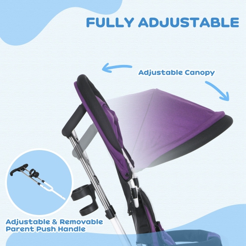 Qaba Toddler Tricycle, 6 in 1 Baby Bike Stroller with Foldable Canopy, Storage Basket, 5-point Safety Harness, Kids Trike for 1-5 Years Old, Purple