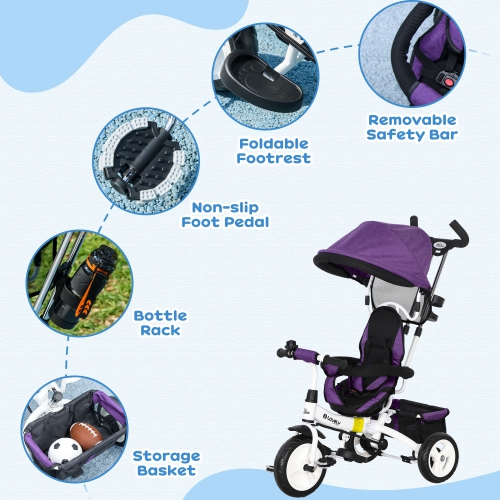 Qaba Toddler Tricycle, 6 in 1 Baby Bike Stroller with Foldable Canopy, Storage Basket, 5-point Safety Harness, Kids Trike for 1-5 Years Old, Purple