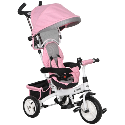 Qaba Toddler Tricycle, 6 in 1 Baby Bike Stroller with Foldable Canopy, Storage Basket, 5-point Safety Harness, Kids Trike for 1-5 Years Old, Pink