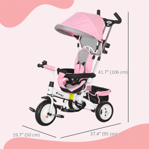 Tricycle pour tout-petit Qaba, poussette 6-en-1 pour vélo avec auvent pliable, panier de rangement, harnais de sécurité à 5 points, tricycle pour