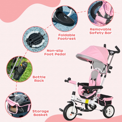 Tricycle pour tout-petit Qaba, poussette 6-en-1 pour vélo avec auvent pliable, panier de rangement, harnais de sécurité à 5 points, tricycle pour