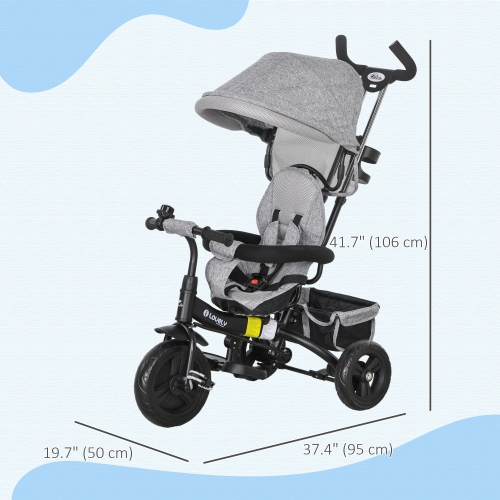 Qaba Toddler Tricycle, 6 in 1 Baby Bike Stroller with Foldable Canopy, Storage Basket, 5-point Safety Harness, Kids Trike for 1-5 Years Old, Grey