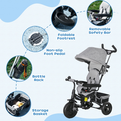 Qaba Toddler Tricycle, 6 in 1 Baby Bike Stroller with Foldable Canopy, Storage Basket, 5-point Safety Harness, Kids Trike for 1-5 Years Old, Grey