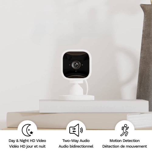 Compact indoor plug-in smart security camera, 1080p HD video, night vision, two-way audio, easy set up, Works with Alexa