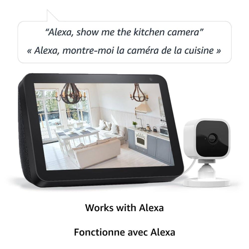 Compact indoor plug-in smart security camera, 1080p HD video, night vision, two-way audio, easy set up, Works with Alexa