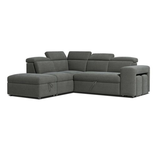 VALENCIA  Finn Fabric Sectional Sofa Bed With Storage Ottoman & 2 Stools Left Hand Storage, Cloudy In Grey