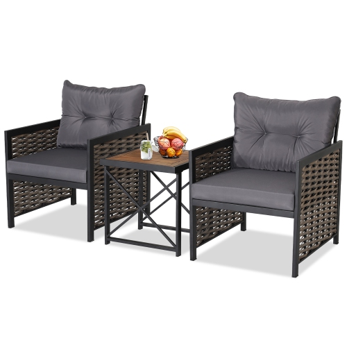 GYMAX  3PCs Rattan Furniture Set Acacia Wood Coffee Table & 2 Chairs Backyard Patio