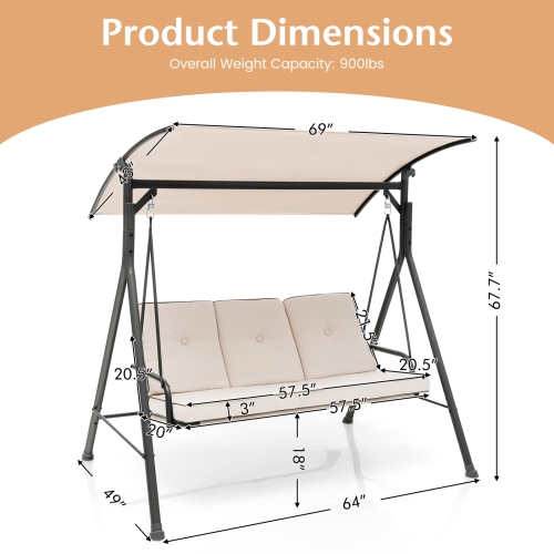 Gymax 3PCS Hammock Chair Patio Porch Swing w/ Adjustable Canopy Removable Pads