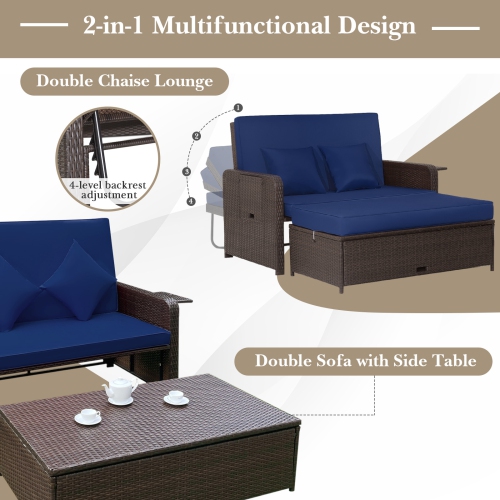 Gymax Rattan Loveseat Set Daybed Lounge Storage Ottoman Side Tables Adjust Patio Navy