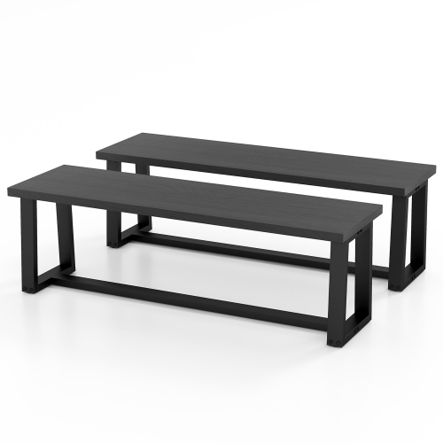 GYMAX  Set Of 2 56.5"l Wood Dining Bench Metal Frame W/ Adjustable Footpads Entryway In Black
