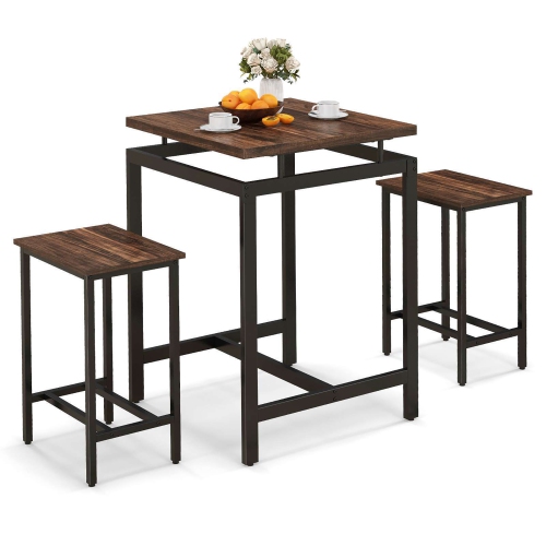 GYMAX  Counter Height Table W/ 2 Stools Floating Tabletop & Footrest Rustic In Brown