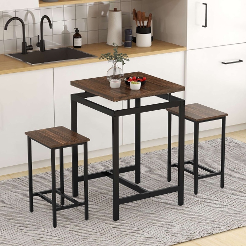 Gymax Counter Height Table w/ 2 Stools Floating Tabletop & Footrest Rustic Brown