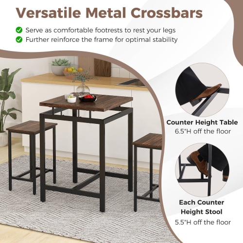 Gymax Counter Height Table w/ 2 Stools Floating Tabletop & Footrest Rustic Brown