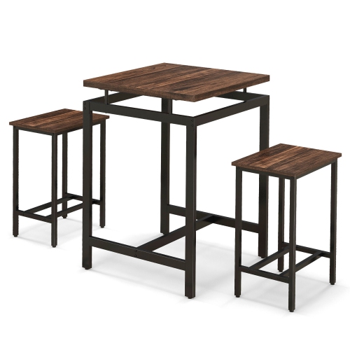 Gymax Counter Height Table w/ 2 Stools Floating Tabletop & Footrest Rustic Brown