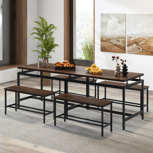 Gymax 3 PCS Dining Table Set for 4 w/ 43" Wooden Kitchen Table 2 Benches Metal Frame