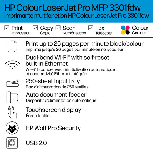 Imprimante à jet d'encre tout-en-un sans fil couleur LaserJet Pro 3301fdw de HP