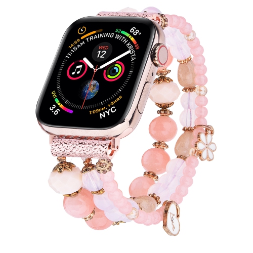 WORRYFREE GADGETS  Wfg Handmade Beaded Stretchable Band for Apple Watch - 42/44/45MM - Love In Pink