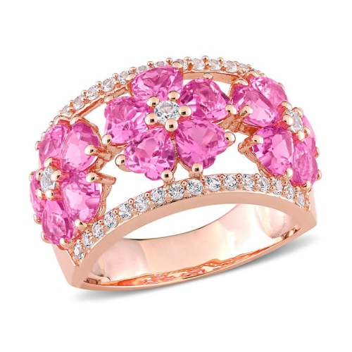 GEM AND HARMONY  5.24 Carat (Ctw) Lab-Created Pink And Sapphire Flower Band Ring In Rose Plated Sterling Silver In White