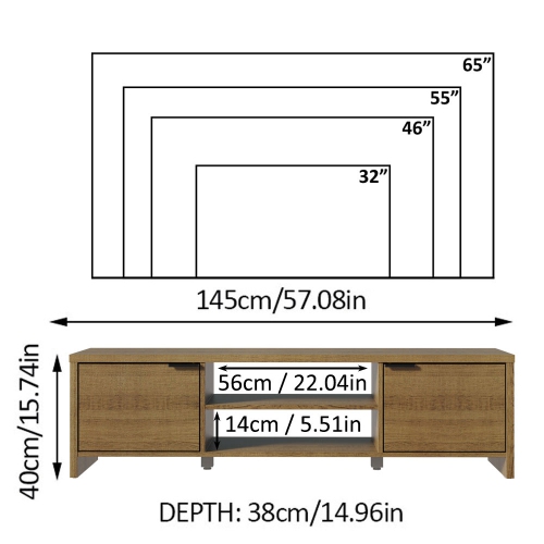 Meuble multimédia Madesa pour téléviseur avec espace de rangement et organisation des câbles, meuble pour téléviseur jusqu’à 65 po, en bois, 16 x 15