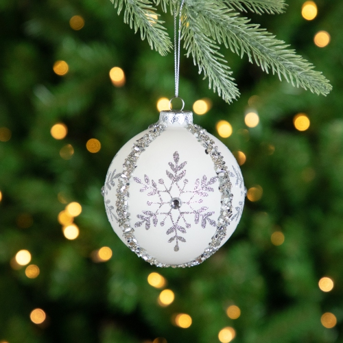 Set of 2 Matte White Sequin Glitter Snowflake Glass Christmas Ornaments 4"
