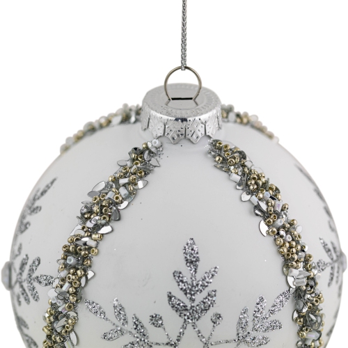 Set of 2 Matte White Sequin Glitter Snowflake Glass Christmas Ornaments 4"