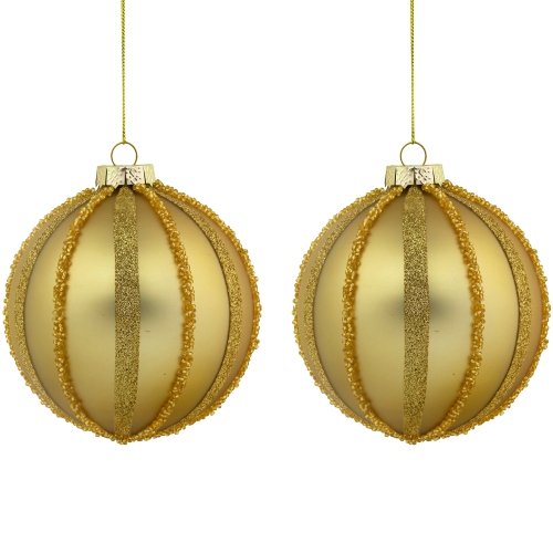 Glitter and Beads Striped Christmas Glass Ball Ornaments - 4" - Gold - Set of 2