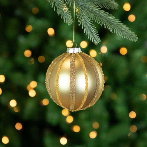 Glitter and Beads Striped Christmas Glass Ball Ornaments - 4" - Gold - Set of 2