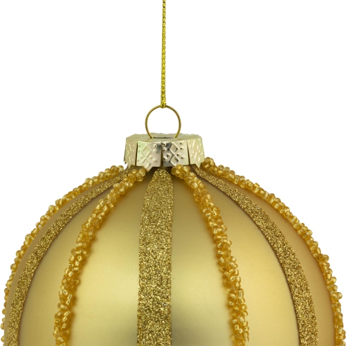 Glitter and Beads Striped Christmas Glass Ball Ornaments - 4" - Gold - Set of 2