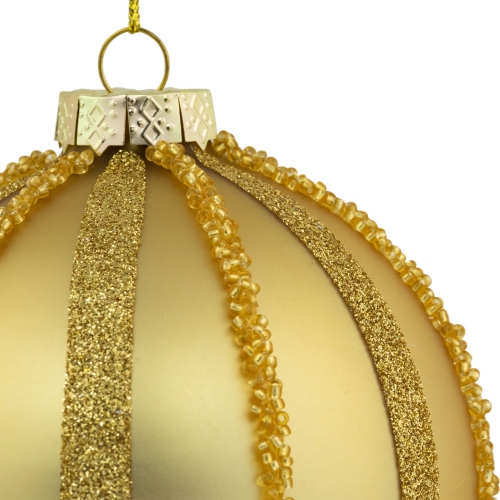 Glitter and Beads Striped Christmas Glass Ball Ornaments - 4" - Gold - Set of 2