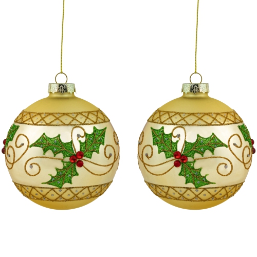 Glittered Holly and Berries Christmas Glass Ball Ornaments - 4" - Gold - Set of 2