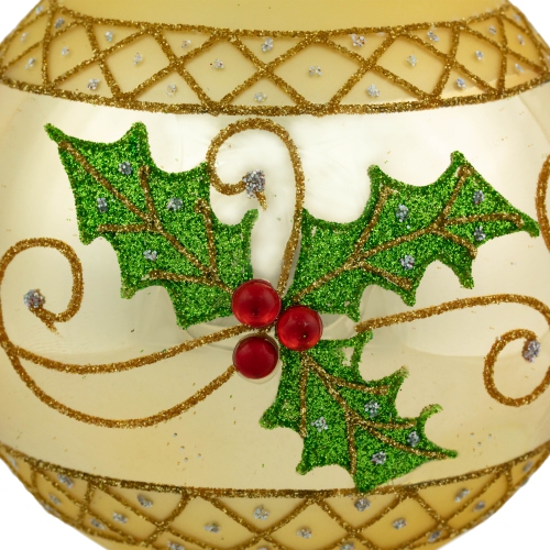 Glittered Holly and Berries Christmas Glass Ball Ornaments - 4" - Gold - Set of 2