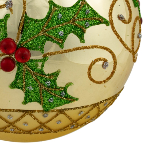 Glittered Holly and Berries Christmas Glass Ball Ornaments - 4" - Gold - Set of 2