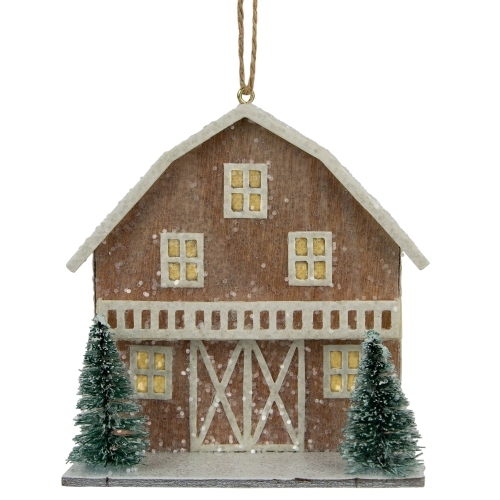 Battery Operated Lighted Rustic House with Trees Christmas Ornament - 4" - Brown