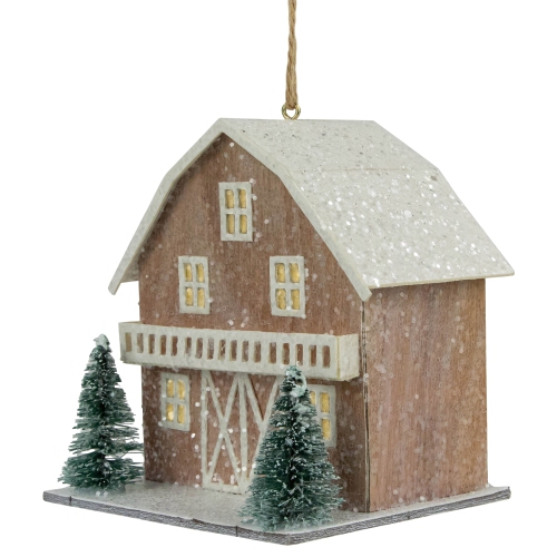 Battery Operated Lighted Rustic House with Trees Christmas Ornament - 4" - Brown