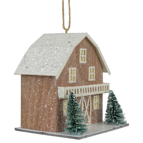 Battery Operated Lighted Rustic House with Trees Christmas Ornament - 4" - Brown