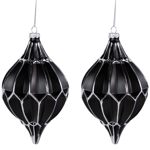 Set of 2 Matte Black and Silver Finial Christmas Glass Ornaments 5"