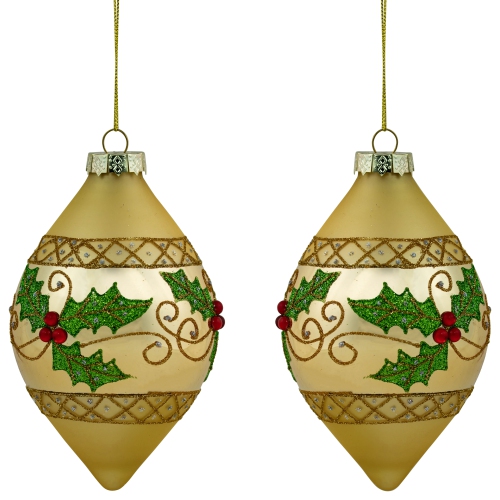 Set of 2 Golden Glitter Holly Finial Christmas Glass Ornaments 5"
