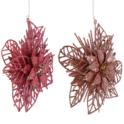 Pack of 4 Glittered Pink Poinsettia Christmas Ornaments 6"