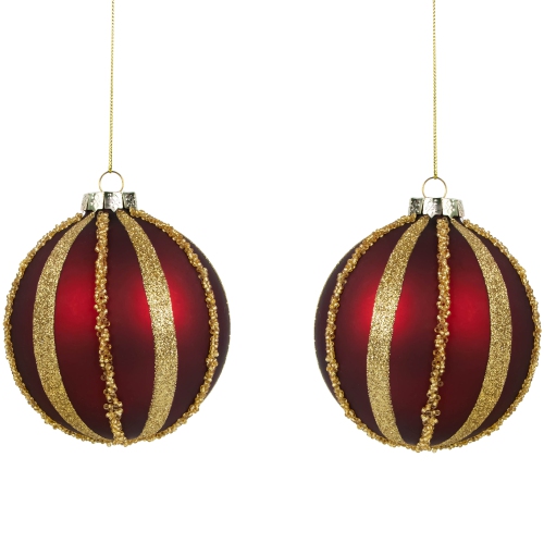Beaded Stripes Christmas Glass Ball Ornaments - 4" - Burgundy and Gold - Set of 2
