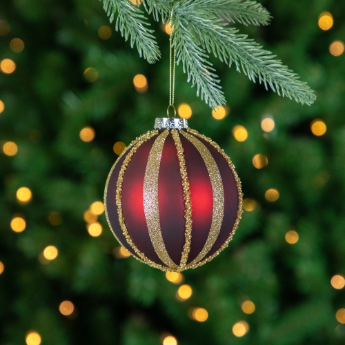 Beaded Stripes Christmas Glass Ball Ornaments - 4" - Burgundy and Gold - Set of 2