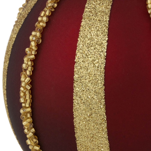 Beaded Stripes Christmas Glass Ball Ornaments - 4" - Burgundy and Gold - Set of 2