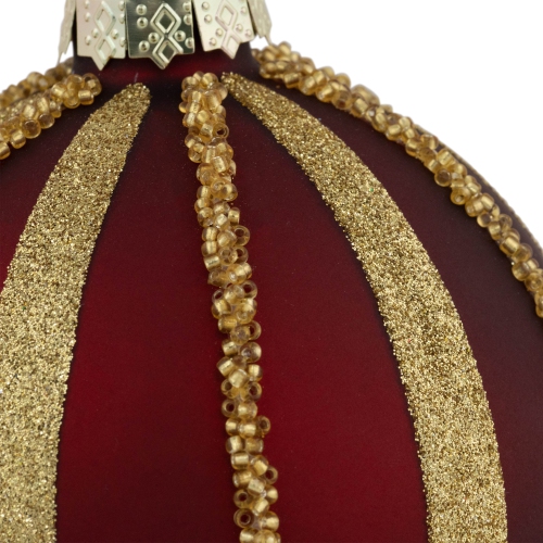 Beaded Stripes Christmas Glass Ball Ornaments - 4" - Burgundy and Gold - Set of 2