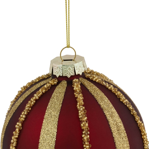 Beaded Stripes Christmas Glass Ball Ornaments - 4" - Burgundy and Gold - Set of 2
