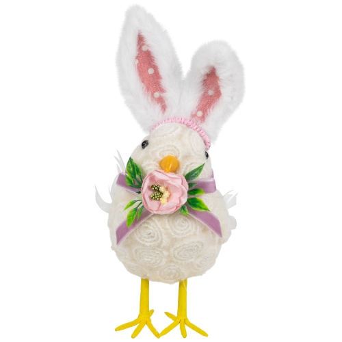 Floral Easter Chick with Polka Dot Faux Fur Rabbit Ears Figurine - 8.75"